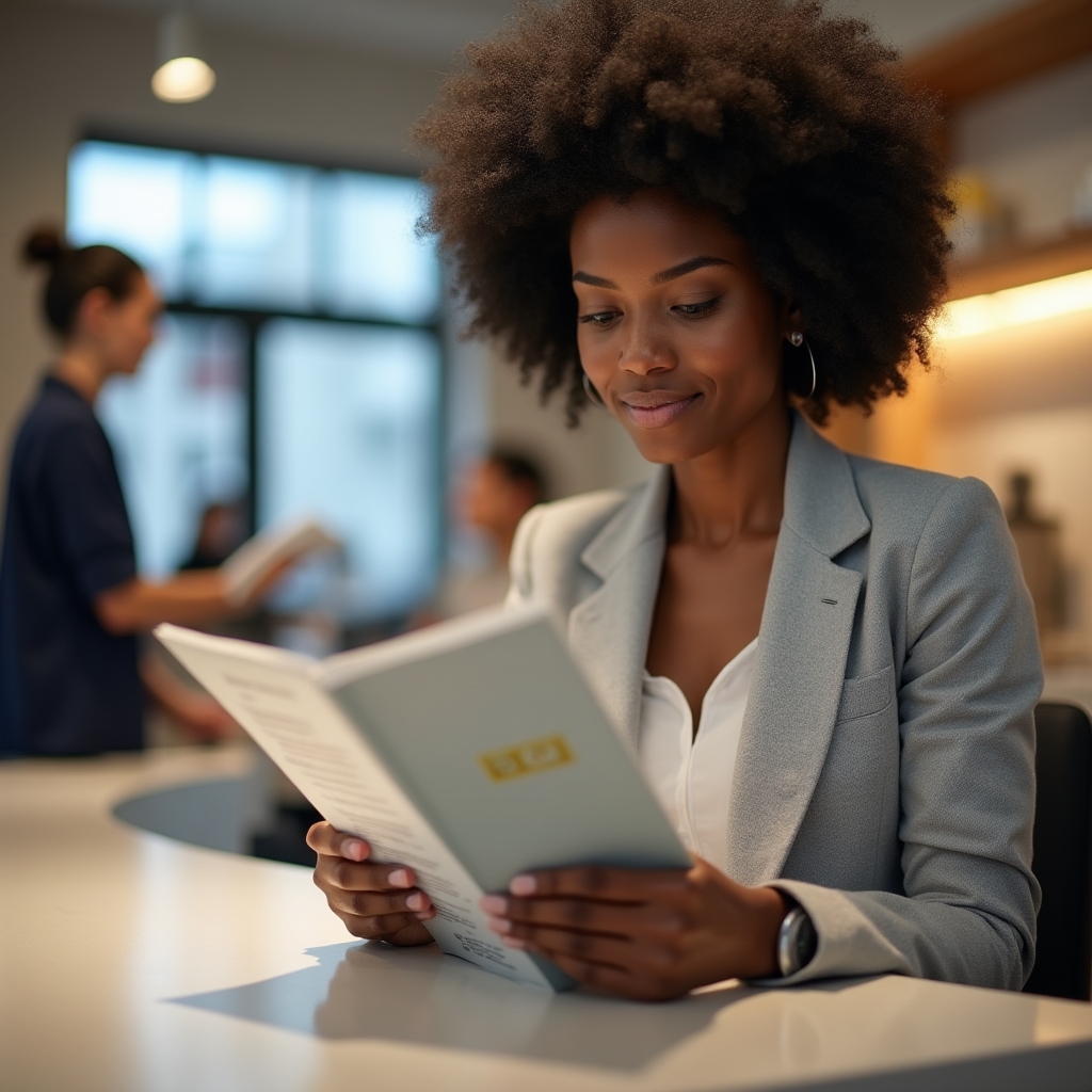Person reading a bank brochure at a bank counter with helpful staff member