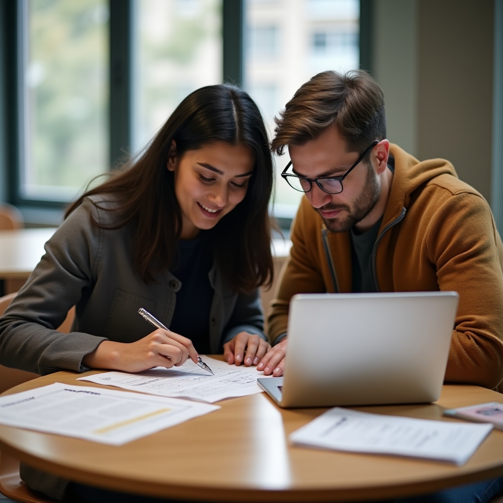 Two people working together on a budget spreadsheet at a table
