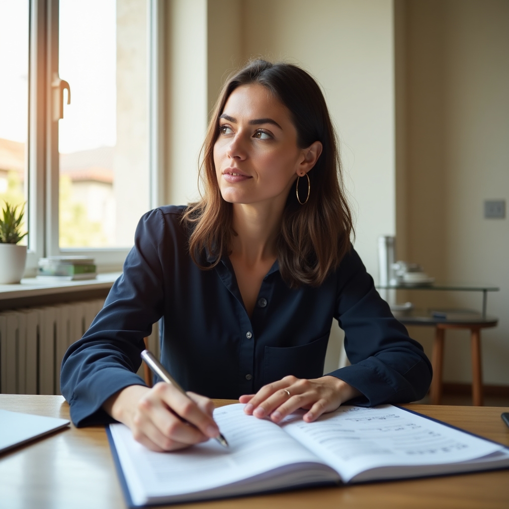 Person reviewing financial documents at a desk with natural light