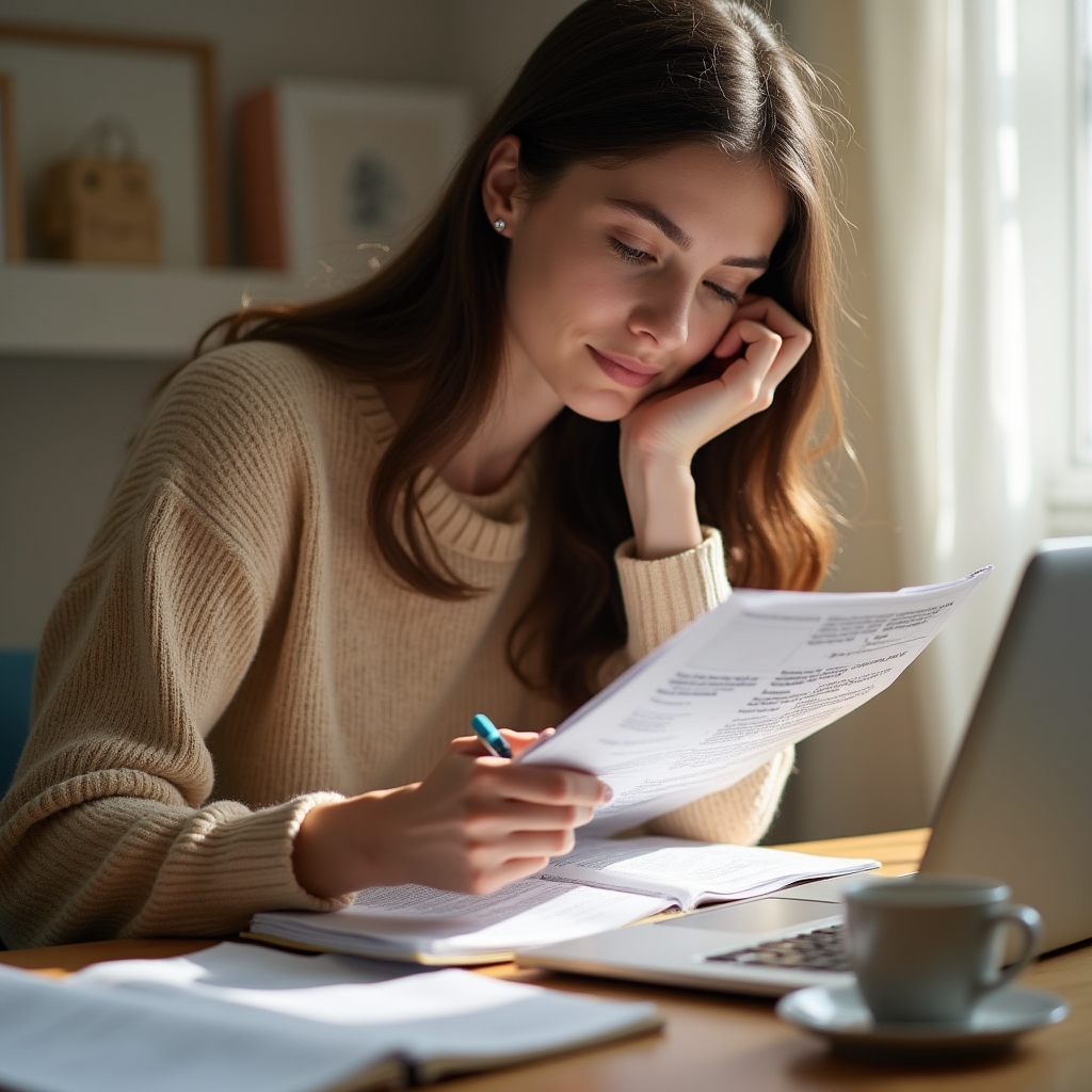 Young woman studying financial documents at a desk with a notebook open beside her