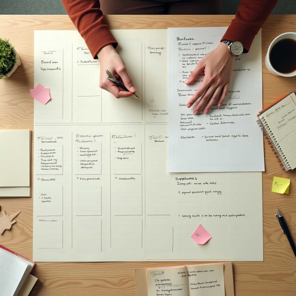 Overhead view of a structured planning session with documents and notes laid out on a table