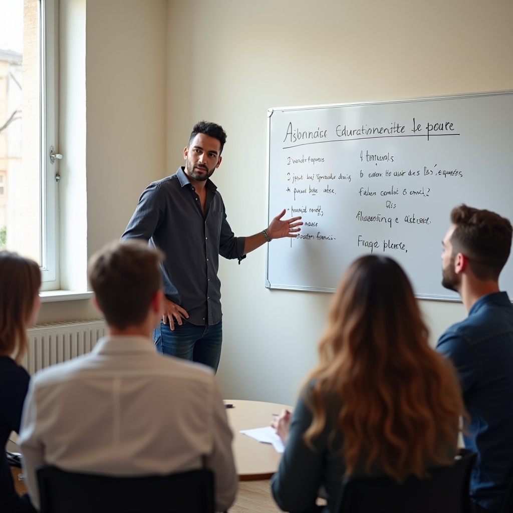 Educator presenting financial concepts on a whiteboard to a small attentive group